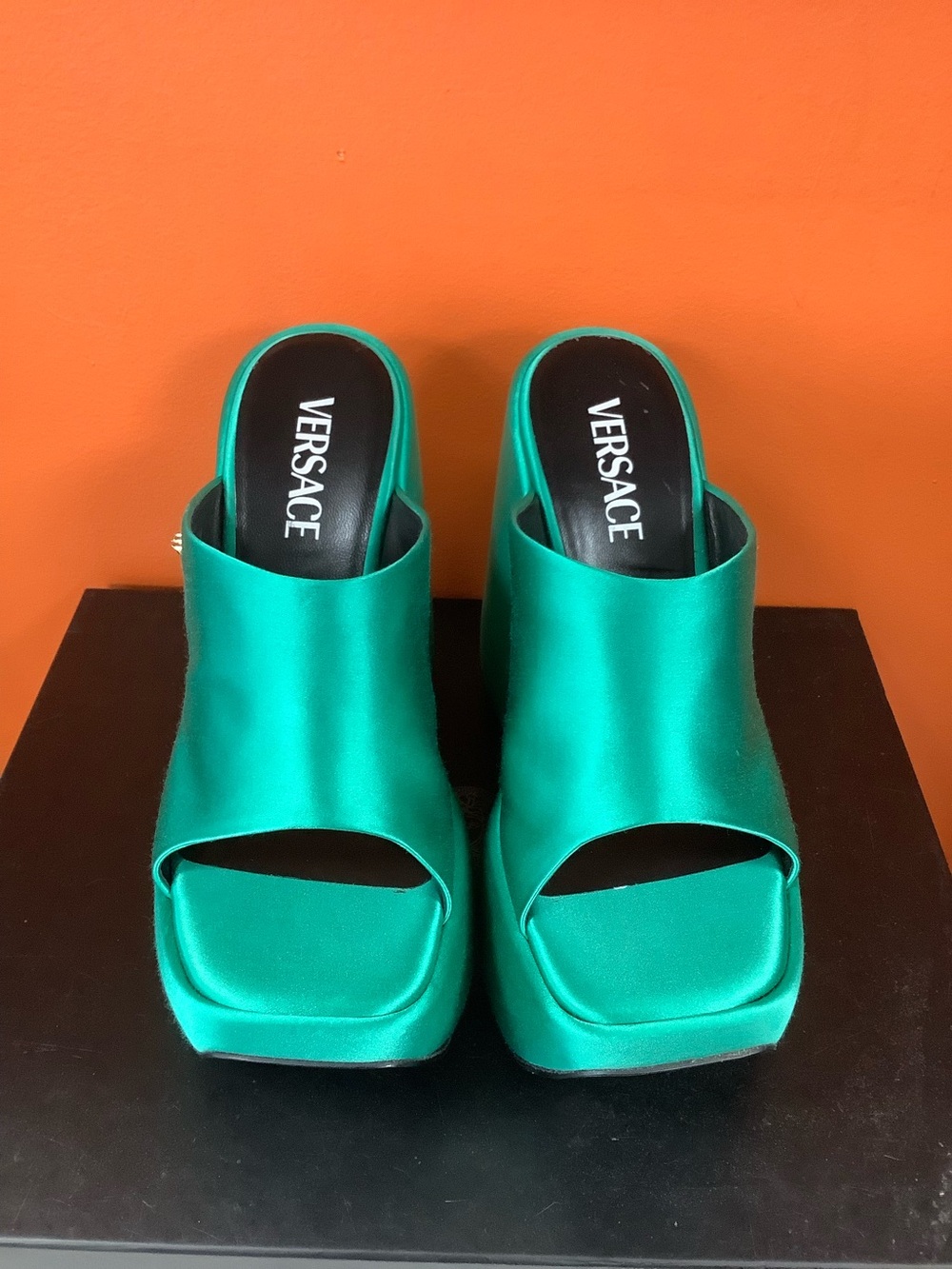 Versace Green Satin Platform Wedges